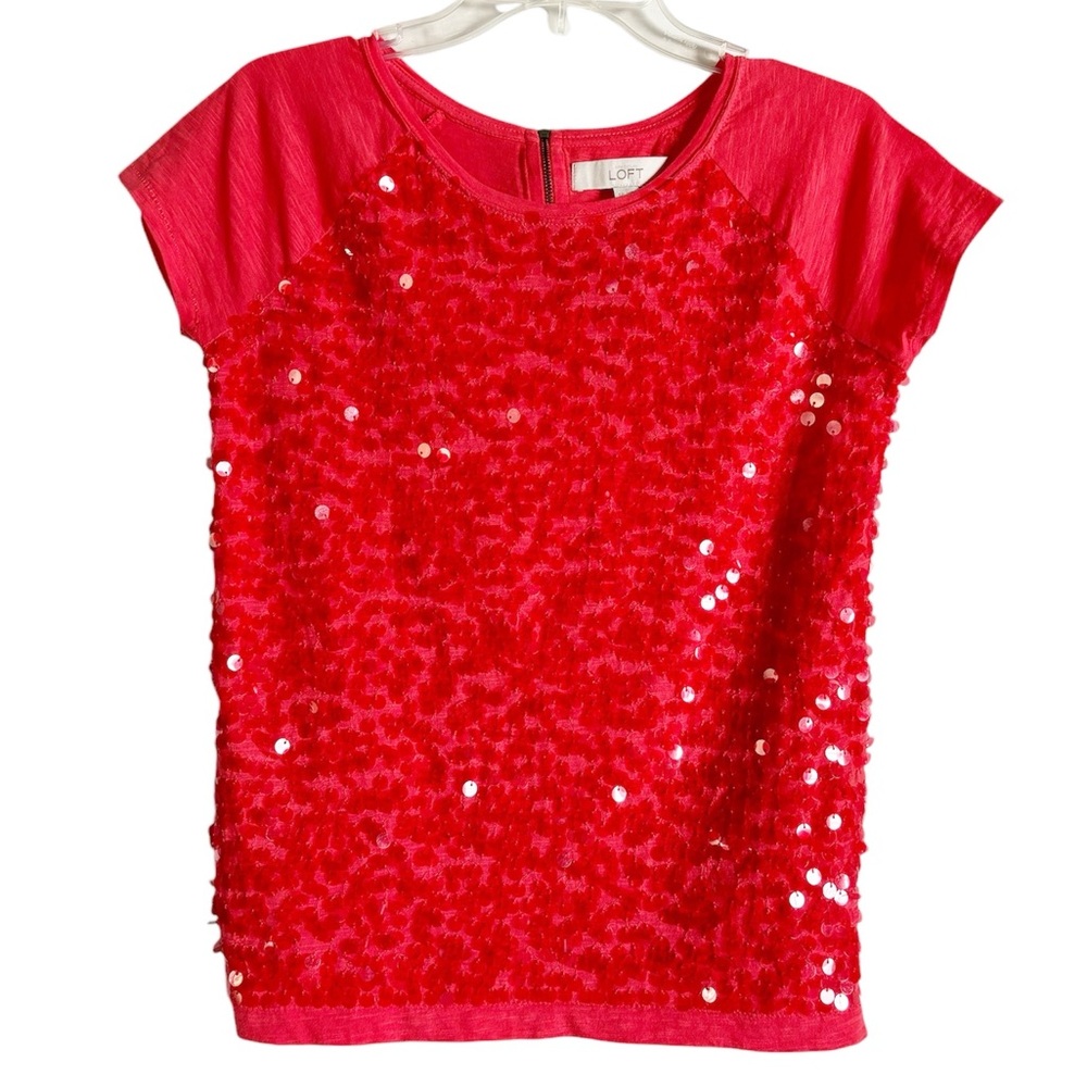 LOFT Coral Sequin-Front Tee Shirt Size Small Petite New